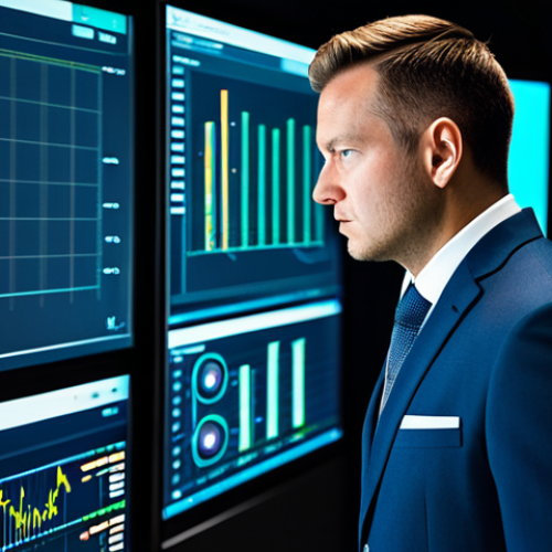 A focused professional male, fully clothed in a modest business suit, intently observing and interacting with a transparent, holographic data display in a high-tech control room. The display shows real-time asset performance metrics, predictive maintenance graphs, and a world map with IoT sensor data points. The room is sleek, modern, with soft ambient lighting, reflecting innovation and efficiency. Professional photography, high detail, sharp focus, vibrant colors, safe for work, appropriate content, perfect anatomy, correct proportions, natural pose, well-formed hands, proper finger count, natural body proportions, appropriate attire, professional dress, family-friendly.