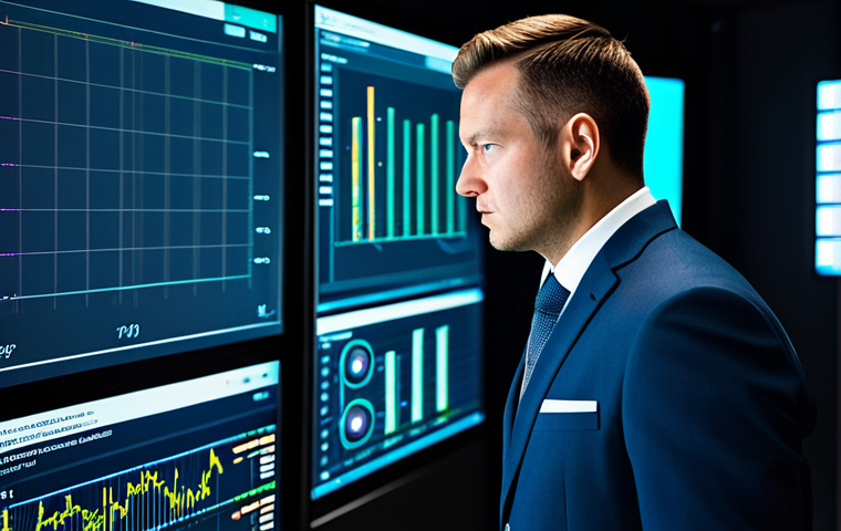 A focused professional male, fully clothed in a modest business suit, intently observing and interacting with a transparent, holographic data display in a high-tech control room. The display shows real-time asset performance metrics, predictive maintenance graphs, and a world map with IoT sensor data points. The room is sleek, modern, with soft ambient lighting, reflecting innovation and efficiency. Professional photography, high detail, sharp focus, vibrant colors, safe for work, appropriate content, perfect anatomy, correct proportions, natural pose, well-formed hands, proper finger count, natural body proportions, appropriate attire, professional dress, family-friendly.