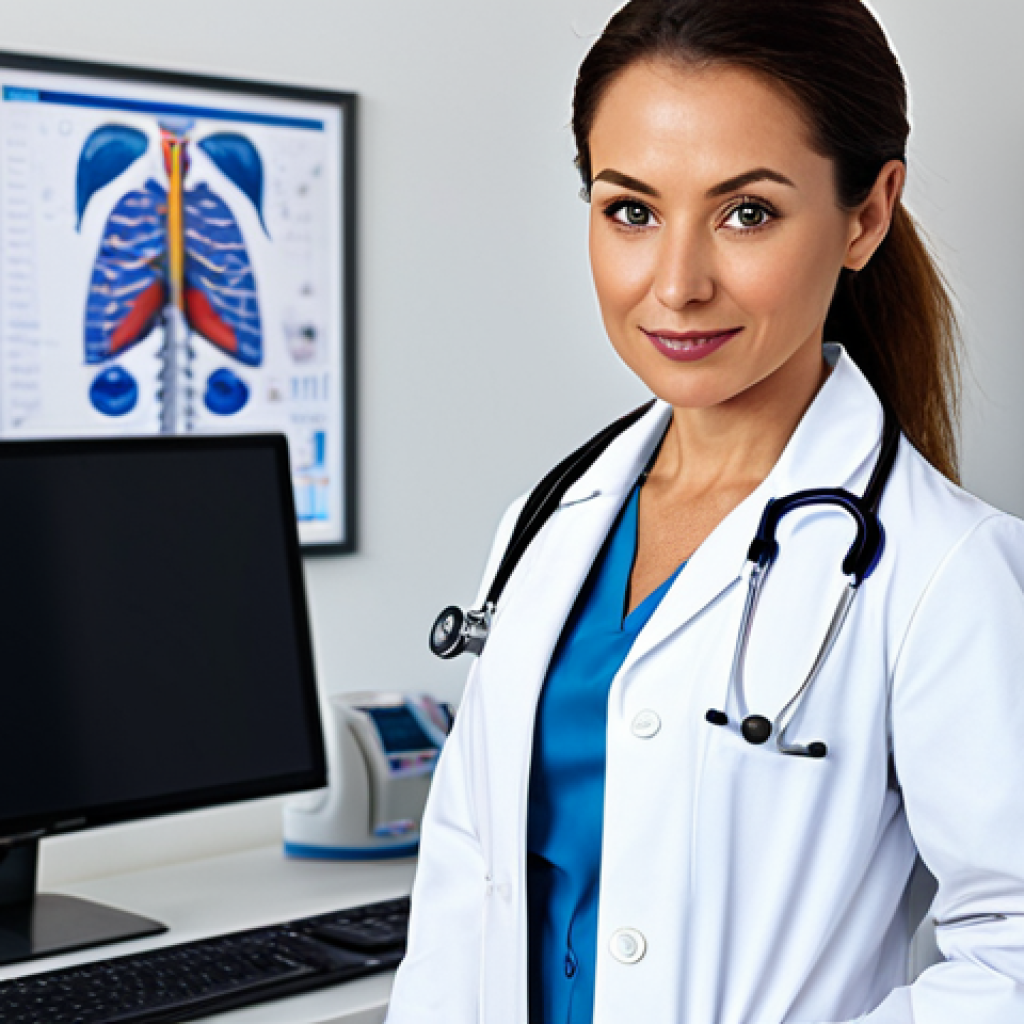 **
"A professional female doctor in a clean, modern hospital office, wearing a white lab coat and stethoscope, fully clothed, appropriate attire, safe for work, perfect anatomy, correct proportions, natural pose, professional photography, high quality, family-friendly. Background includes medical charts and a computer screen."
**
