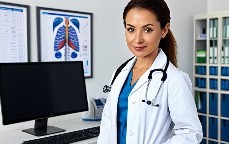 **
"A professional female doctor in a clean, modern hospital office, wearing a white lab coat and stethoscope, fully clothed, appropriate attire, safe for work, perfect anatomy, correct proportions, natural pose, professional photography, high quality, family-friendly. Background includes medical charts and a computer screen."
**
