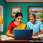Home 17 자산 정리의 필요성과 접근 방법 - A detailed digital illustration of a Bengali middle-class family managing their finances at home, fe...