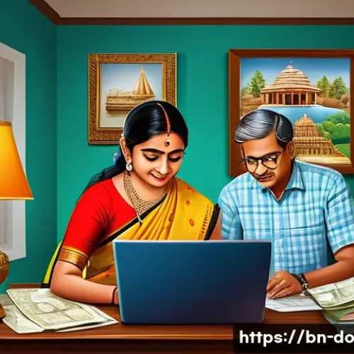 Home 29 자산 정리의 필요성과 접근 방법 - A detailed digital illustration of a Bengali middle-class family managing their finances at home, fe...
