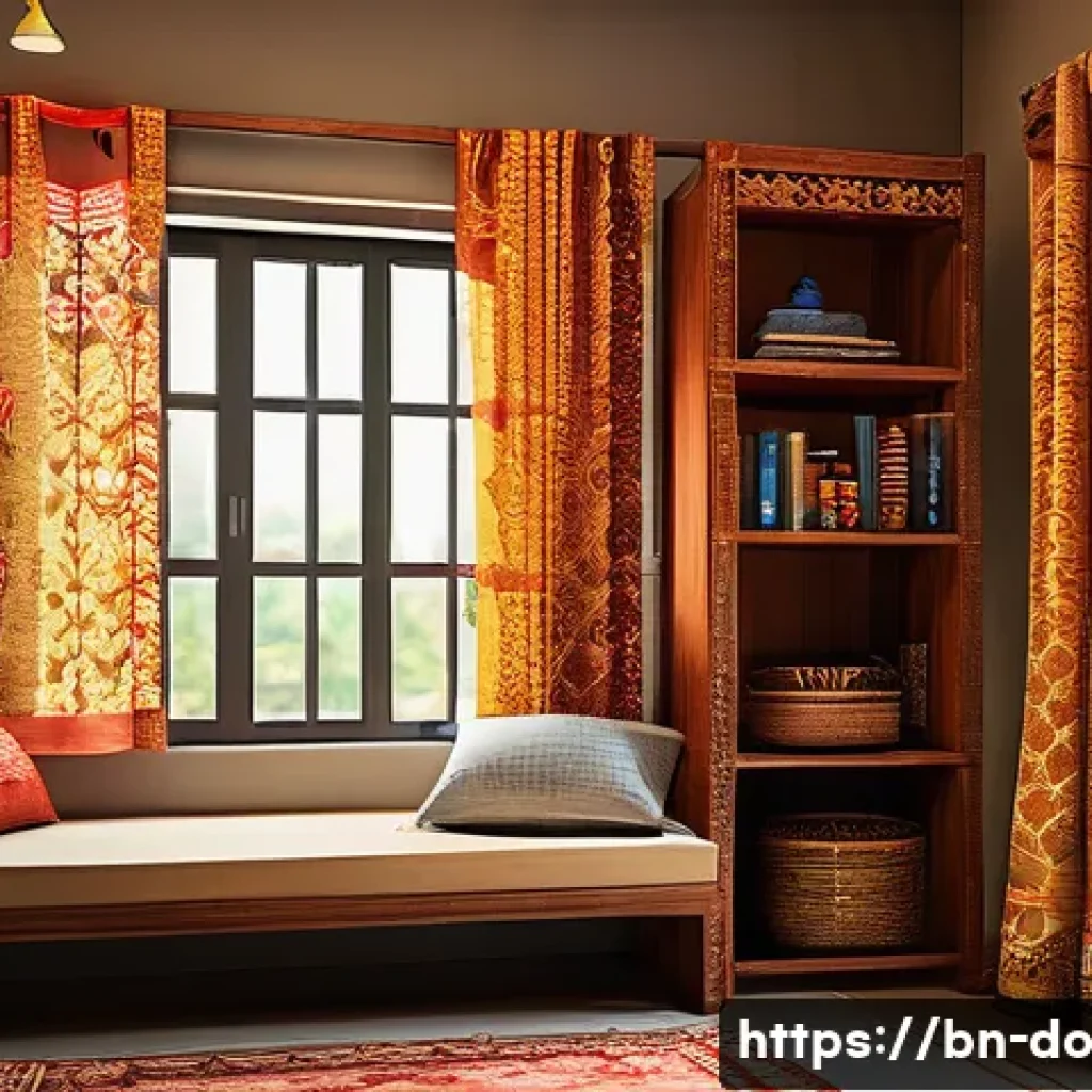 가정용 자산 정리 팁 - A neatly organized Bengali home interior focusing on a cozy bedroom corner, showcasing wooden storag...