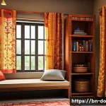 Home 21 가정용 자산 정리 팁 - A neatly organized Bengali home interior focusing on a cozy bedroom corner, showcasing wooden storag...