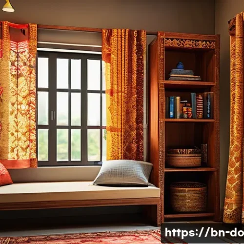 Home 15 가정용 자산 정리 팁 - A neatly organized Bengali home interior focusing on a cozy bedroom corner, showcasing wooden storag...