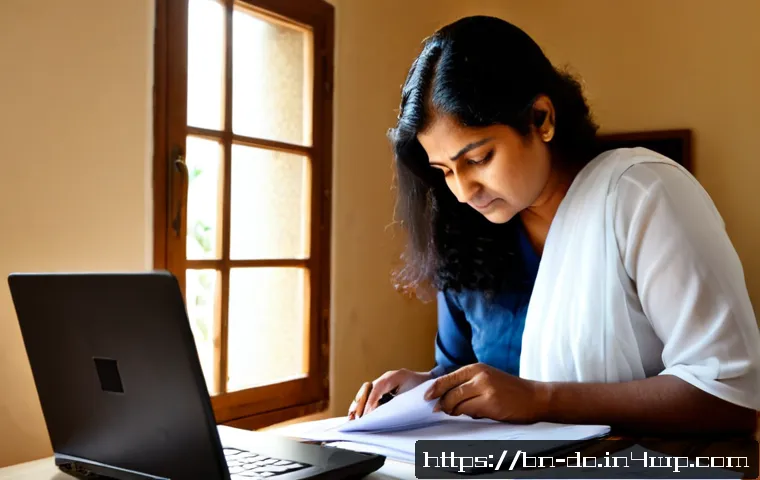 자산 정리의 심리적 장벽 극복하기 - Photorealistic home workspace scene of a middle-aged Bengali woman calmly organizing financial paper...